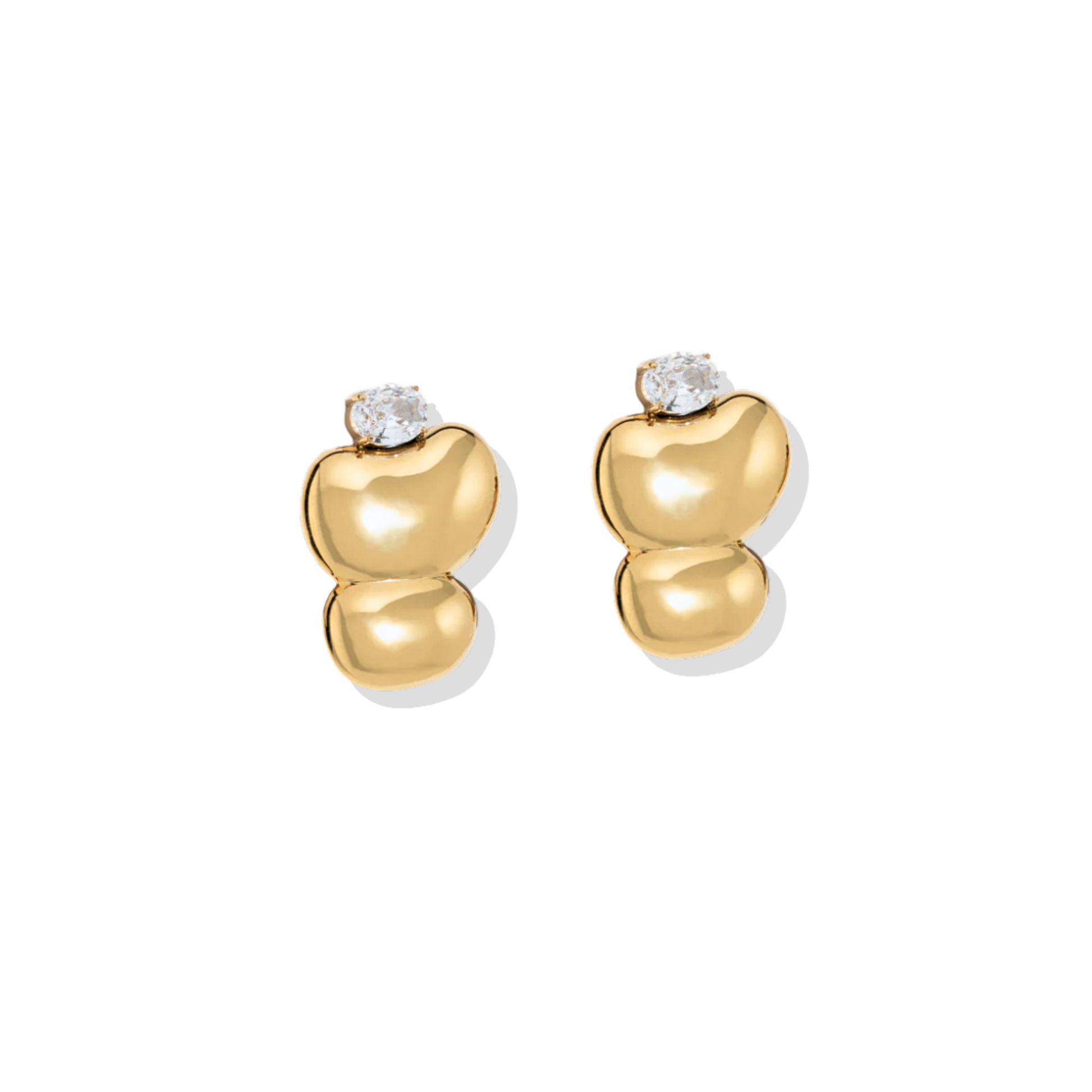 Chunky Double Heart Drop Earrings dimensions — 18K gold plated stainless steel sculptural double heart drop with zircon stud, 3.03cm height, 2.16cm width, waterproof hypoallergenic