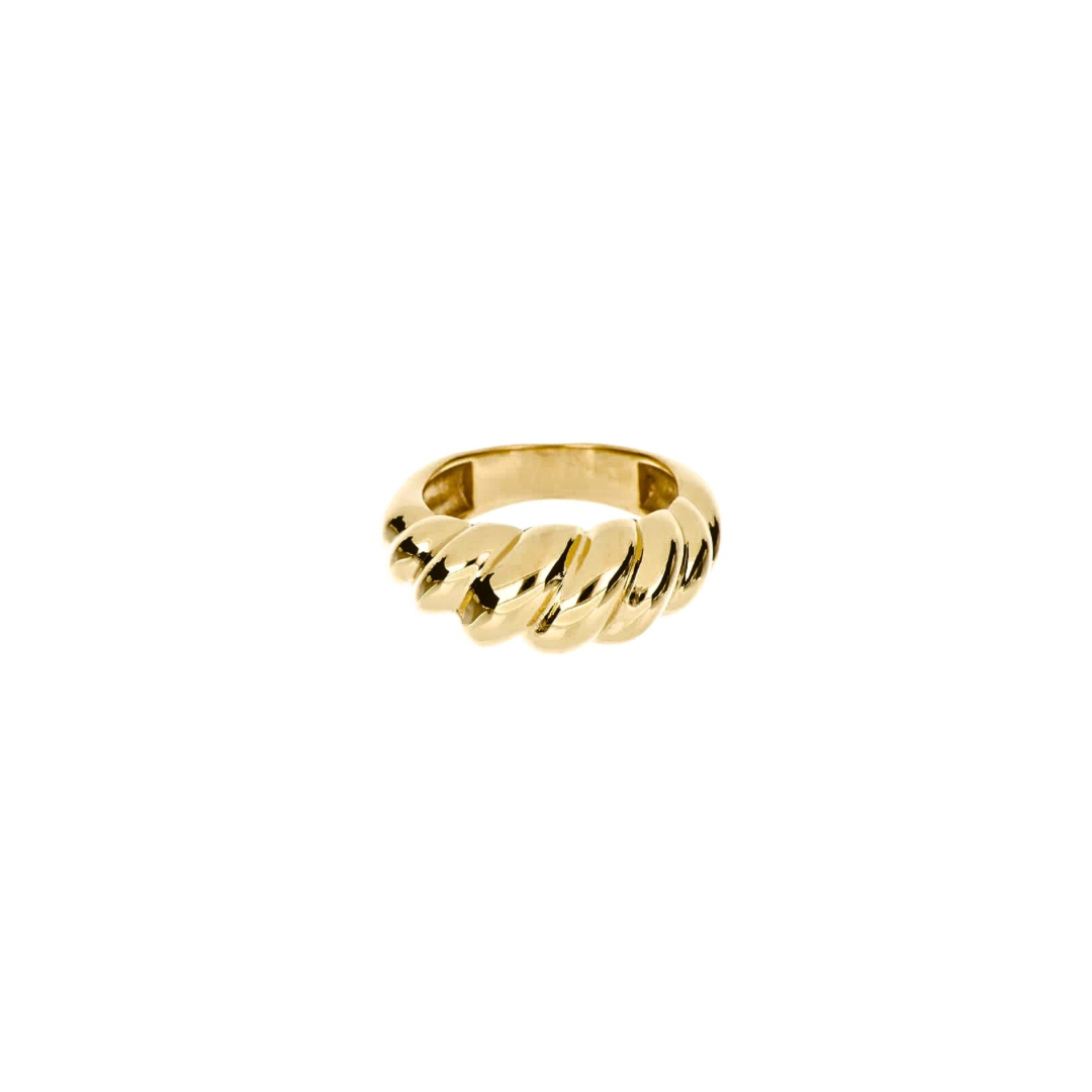 The perfect blend of chic and bold, our Croissant Ring is the ultimate must-have for your collection. Inspired by Parisian elegance, this gold twisted ring features a unique, handcrafted design in stainless steel with a thick layer of 18K gold for that luxe touch. Perfect to wear alone or stacked, its chunky yet refined silhouette adds effortless sophistication to any look. Whether you're keeping it minimal or mixing it up for an edgy vibe, this ring is fabulous. Bon appétit, fashion lovers! 🥐✨