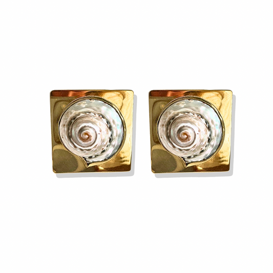Square- Shaped Shell earrings with glossy gold finish and coastal design