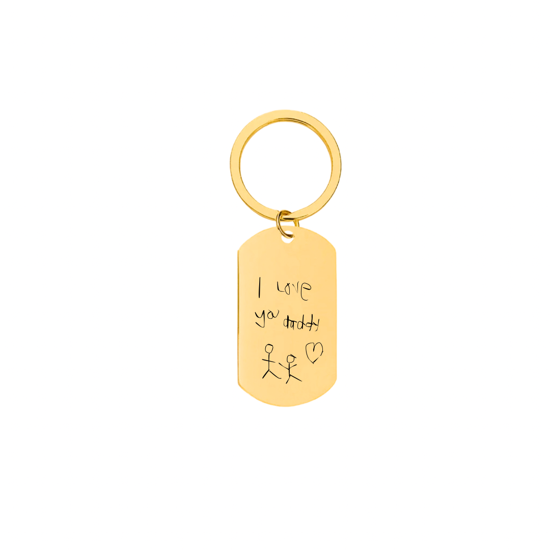 Rectangular gold keychain showing engraved handwritten message — Fanie Marie Jewelry