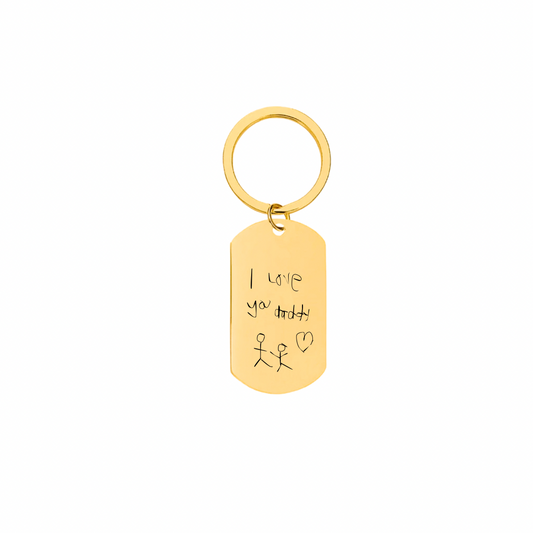 Rectangular gold keychain showing engraved handwritten message — Fanie Marie Jewelry
