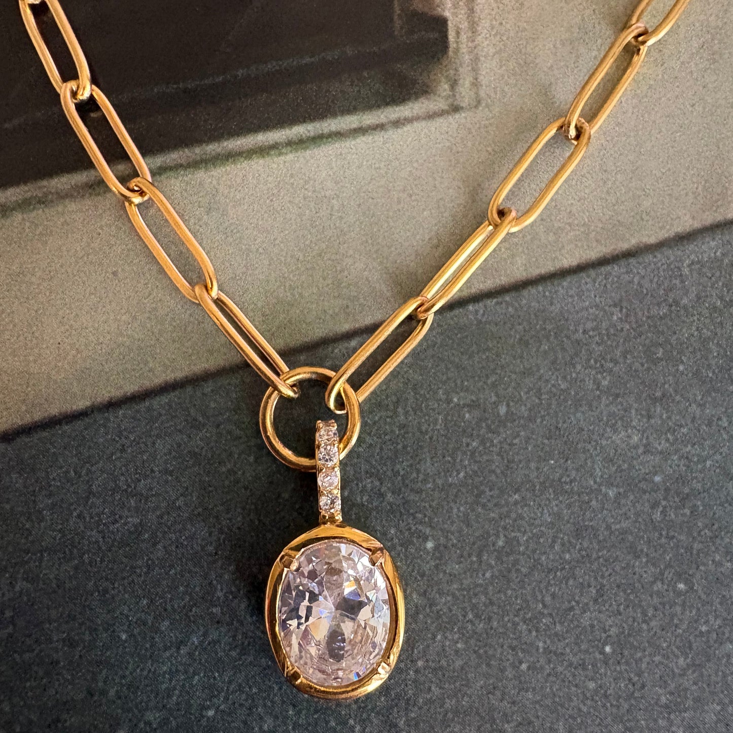 Margaret oval paperclip necklace styled layered