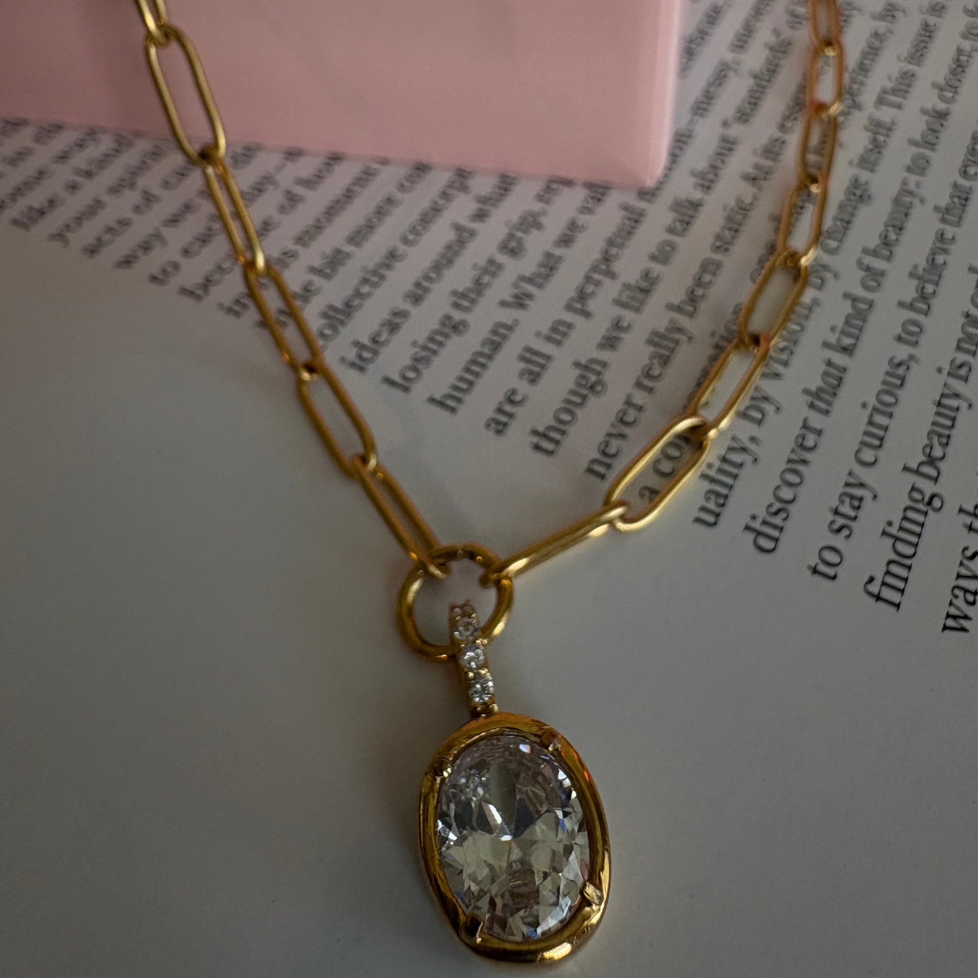 Margaret oval paperclip necklace worn on neck