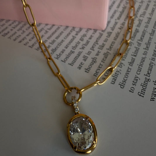 Margaret oval paperclip necklace worn on neck