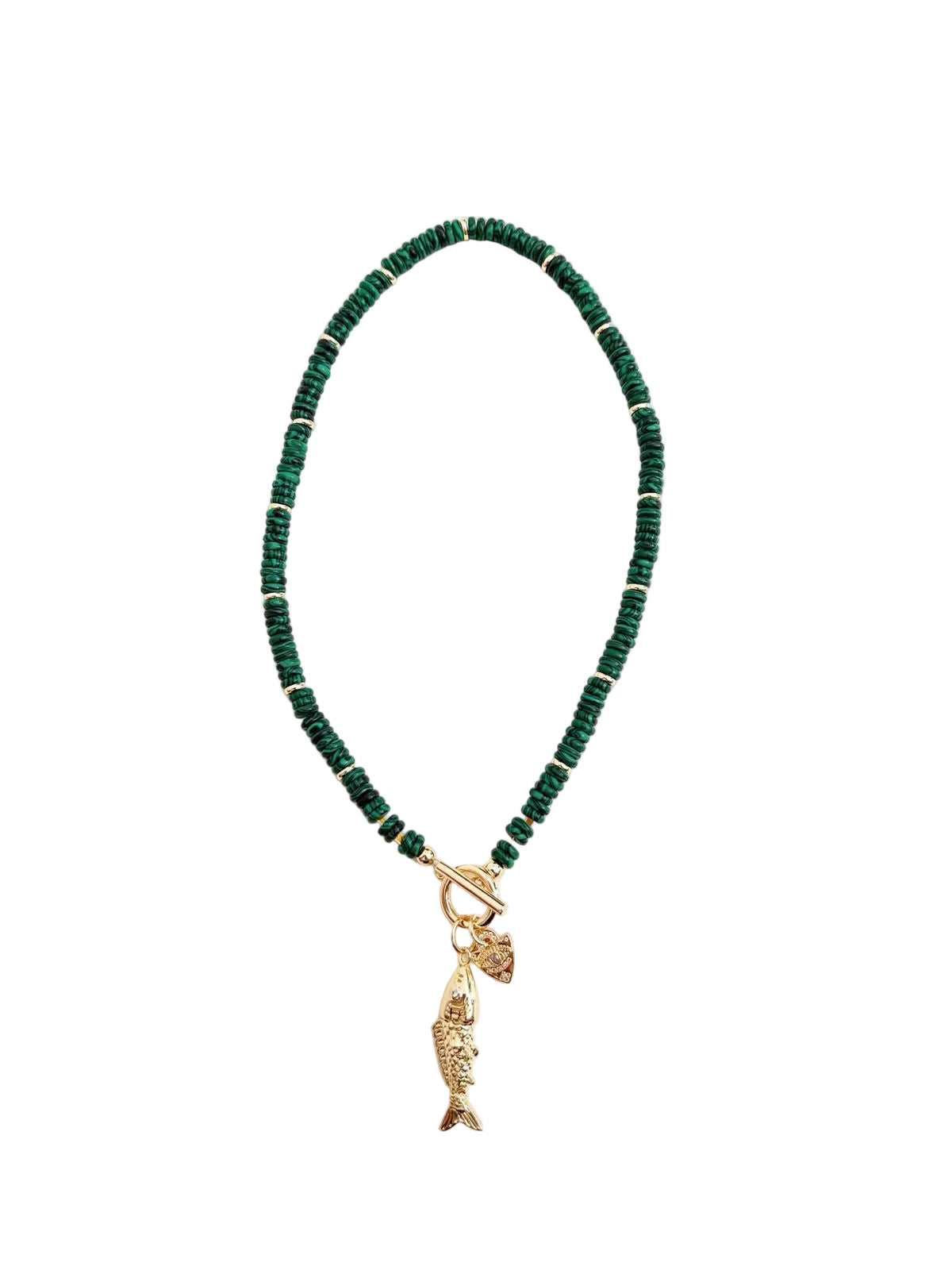 Tulum malachite beaded necklace with gold fish charm