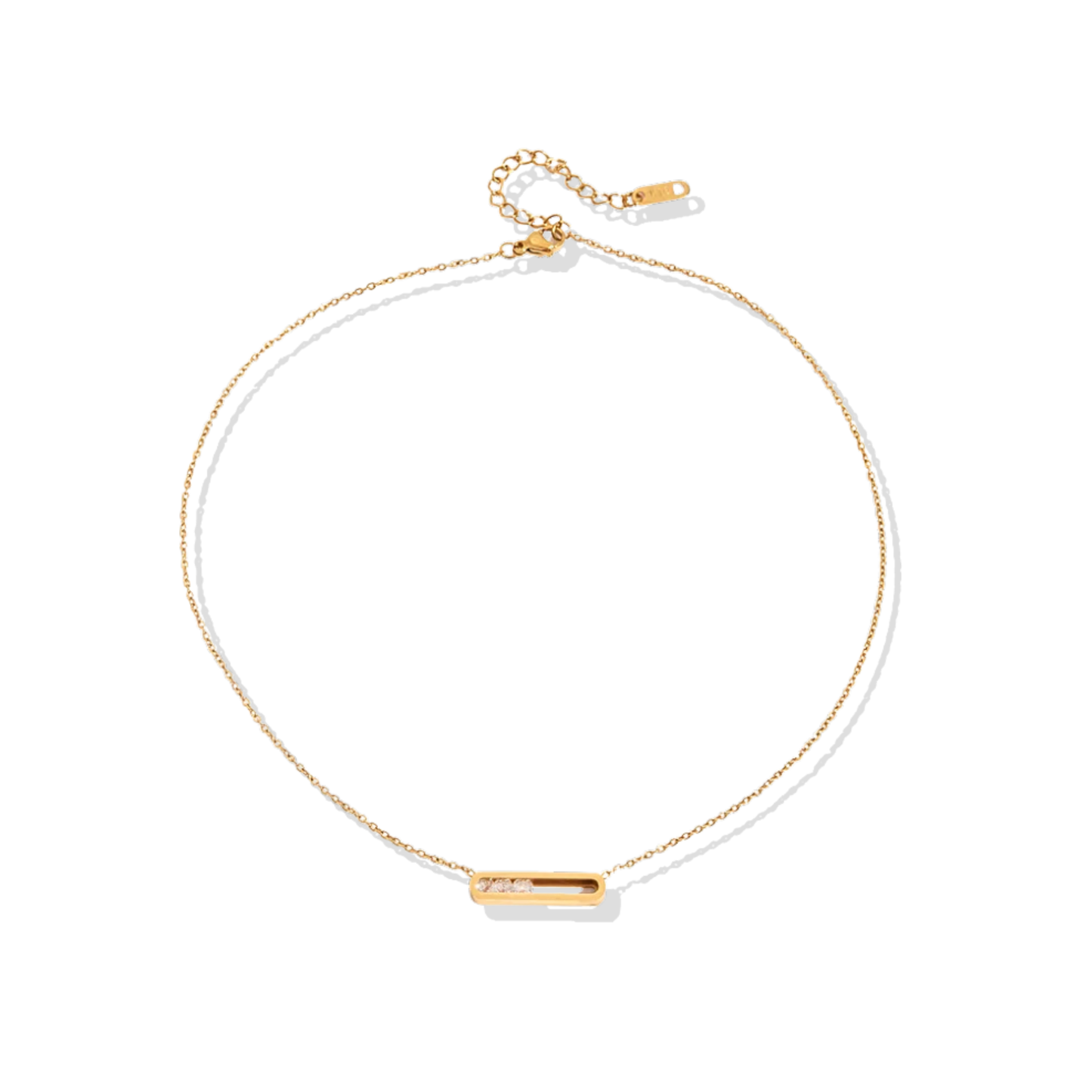 Elara Moving Zircon Bar Necklace dimensions — 18K gold plated stainless steel, 40cm + 5cm extender fine cable chain, 0.50cm gold bar with floating zircon stones, waterproof hypoallergenic