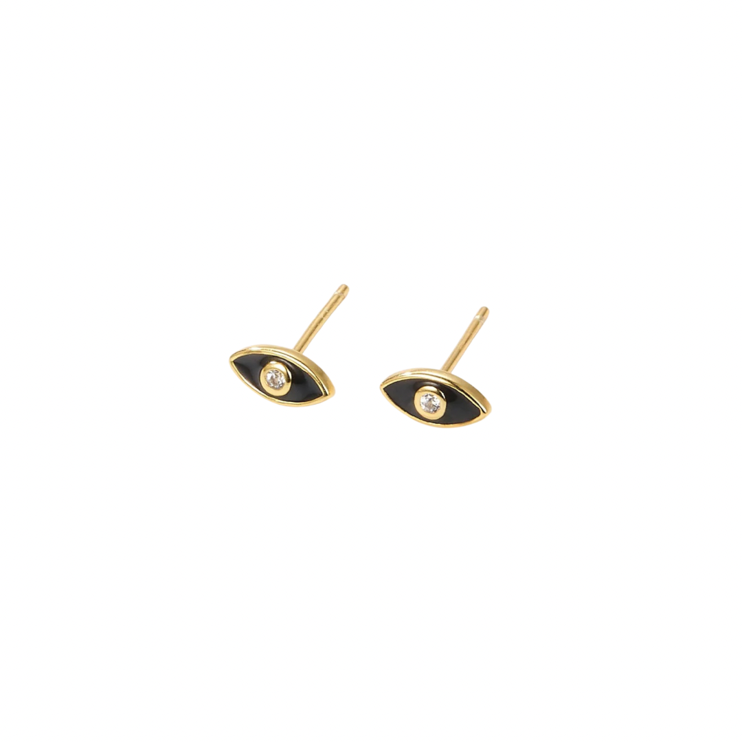 Protect yourself from negative energy and bring some edge to your look with our ENAMEL EVIL EYE BLACK STUDS!

These stylish studs are not only trendy, but they also serve as a powerful symbol of protection. 
Add some attitude to your style and keep the bad vibes away with these eye-catching earrings.

Material: .925 Sterling Silver + gold plated 18K

Measurements: .3 in x .15 in