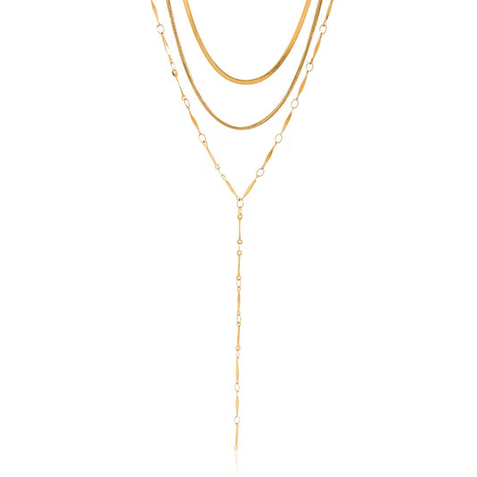 Gold Layered Y Necklace Set dimensions — 18K gold plated stainless steel, three chains: herringbone 38cm, link chain 42cm, Y-drop lariat 49cm with 4.09in drop, waterproof hypoallergenic