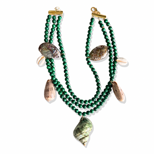Green Malachite and Shell bead necklace with gold chain detail