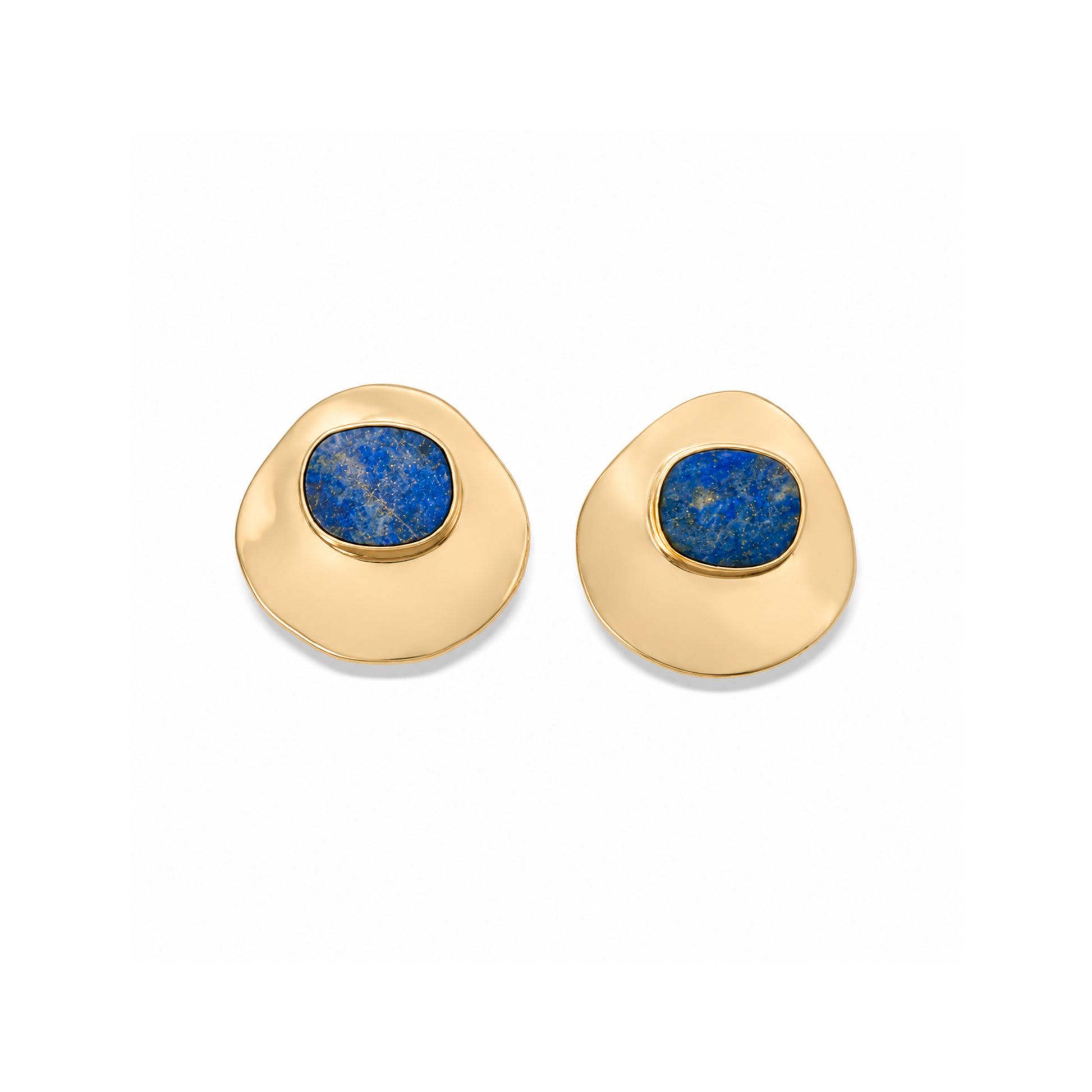 Lapis lazuli round stone earrings front view on white background