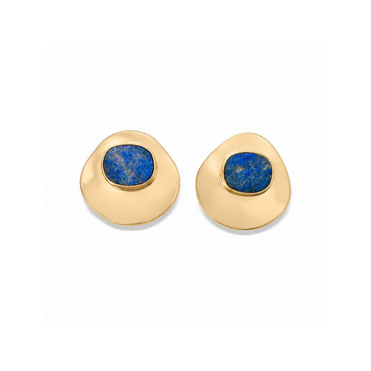 Lapis lazuli round stone earrings front view on white background