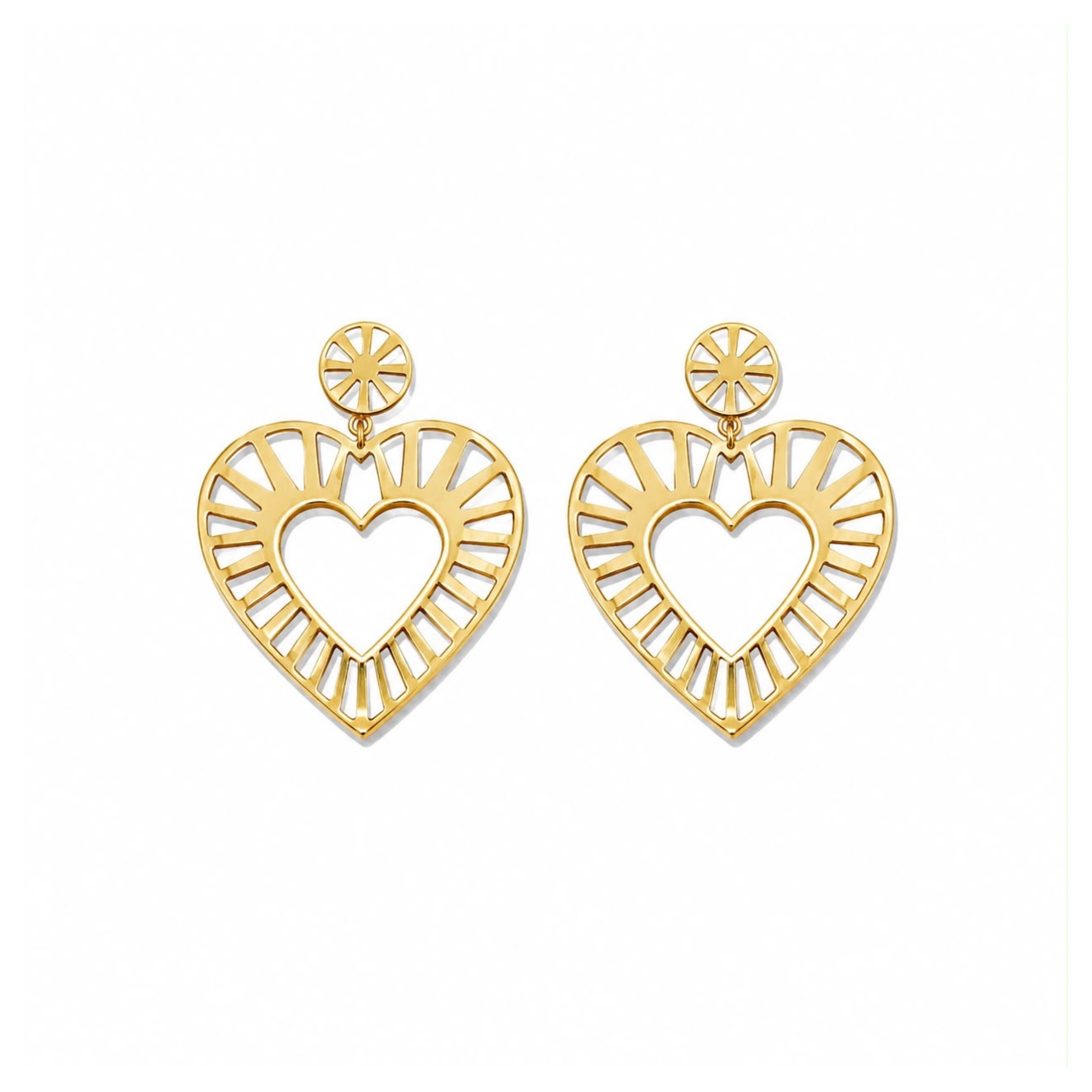 Camila striped gold heart earrings front view on white background
