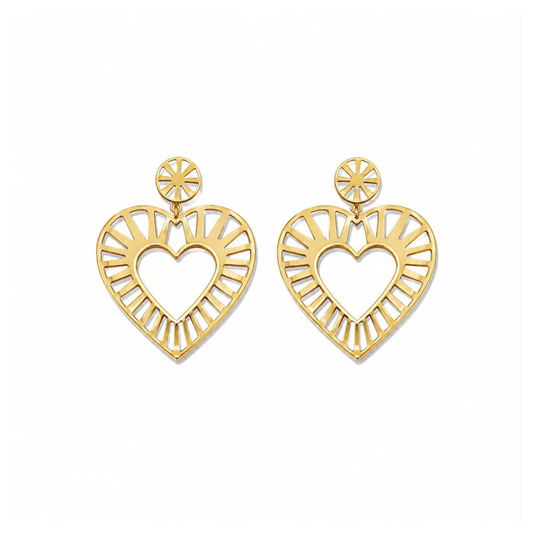 Camila striped gold heart earrings front view on white background