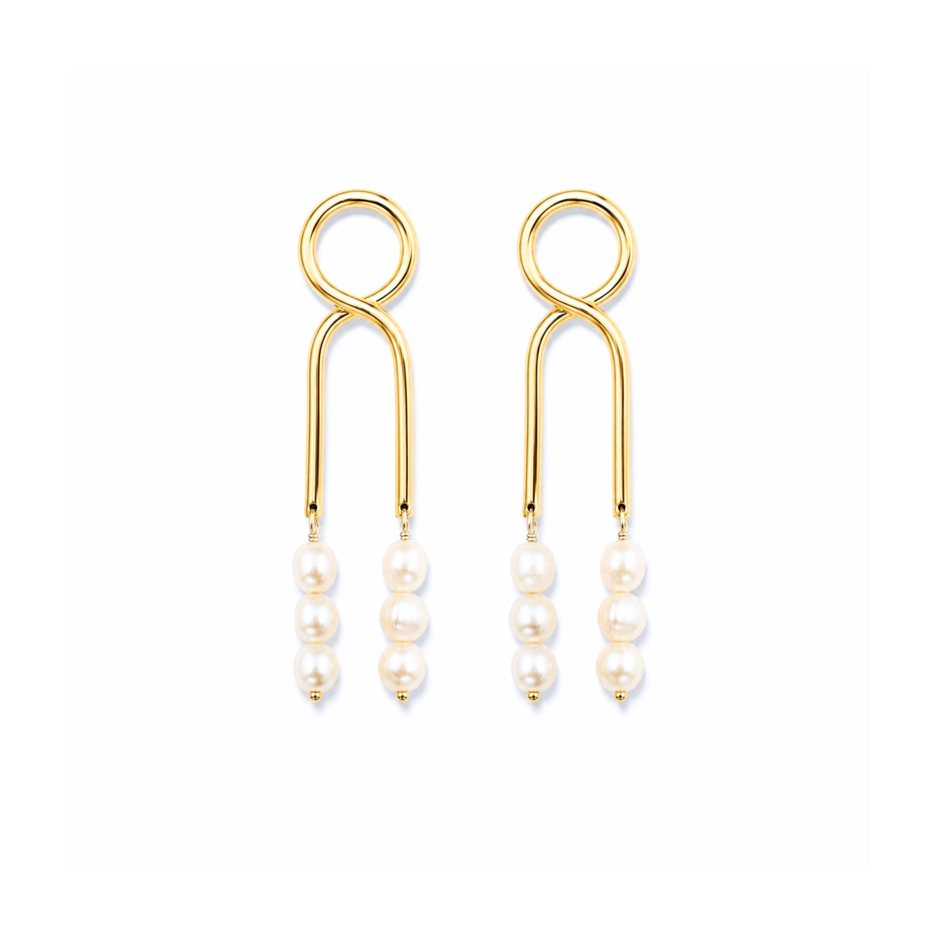 Gold knot pearl drop earrings front view on white background