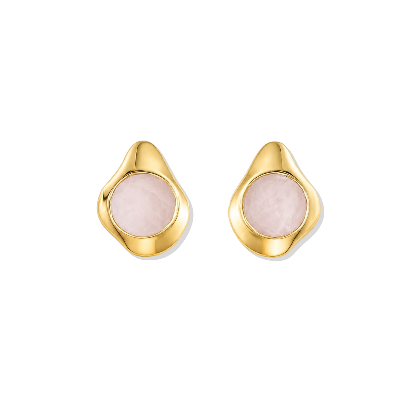 Rose quartz round stone earrings front view on white background