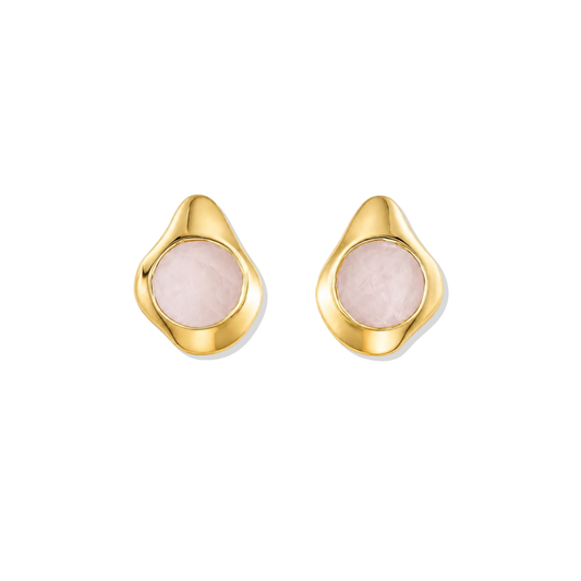 Rose quartz round stone earrings front view on white background