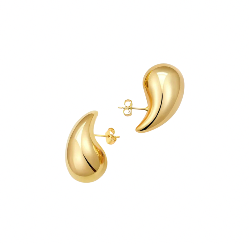 Fanie Marie Iconic Gold Teardrop Drop Earrings front view — 18K gold plated stainless steel teardrop drop earrings