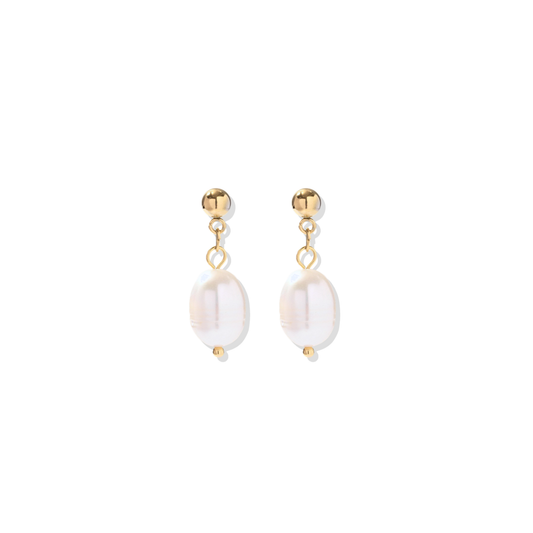 Isla Freshwater Pearl Drop Earrings pair — 18K gold plated stainless steel ball stud with real freshwater pearl drop, butterfly back closure, white background product shot