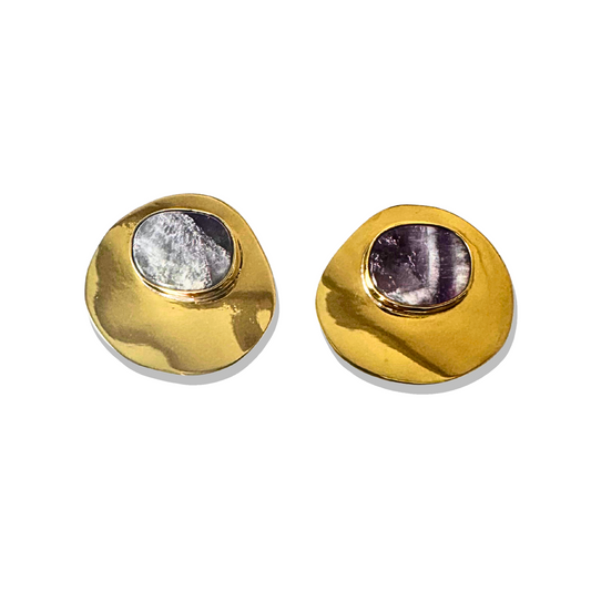 round amethyst gold plated earrings with deep lavender hue