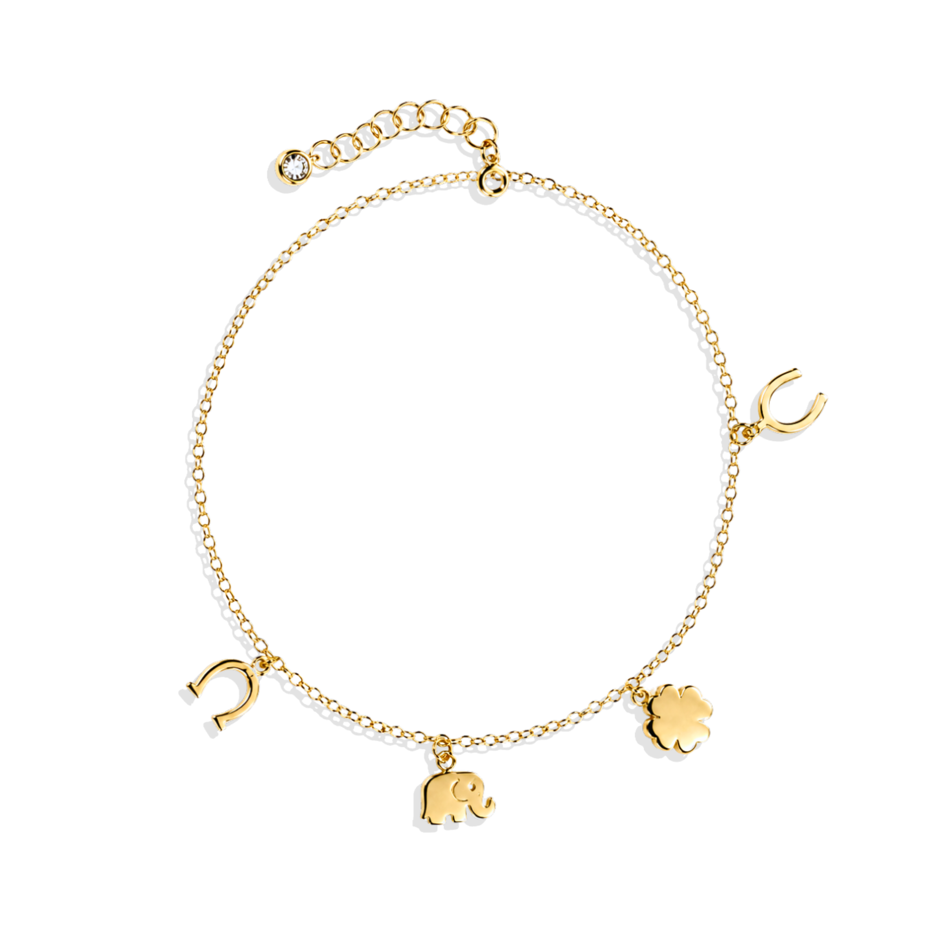 Lucky charm gold anklet with clover, wishbone, horseshoe and elephant charms