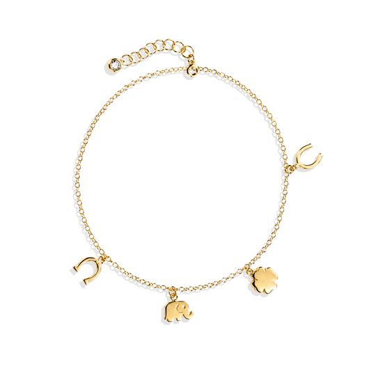 Lucky charm gold anklet with clover, wishbone, horseshoe and elephant charms