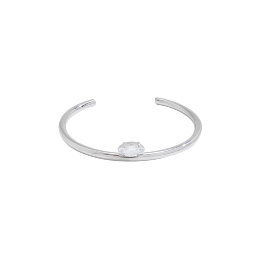  silver stainless steel open cuff bracelet with oval zircon, 18cm length, 6.37cm inner diameter, waterproof and hypoallergenic
