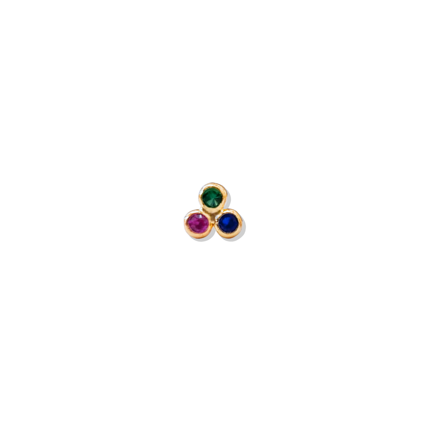 Solid 10K gold multicolor trinity stud earrings with green, pink and blue CZ, screw-back