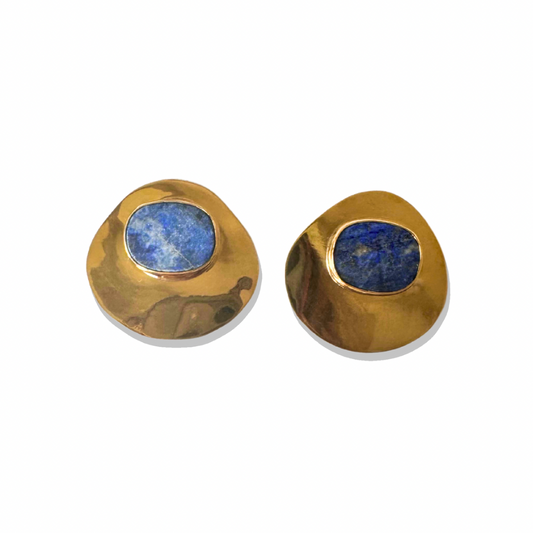 Round Lapis Lazuli Gold Earrings on Neutral Backdrop