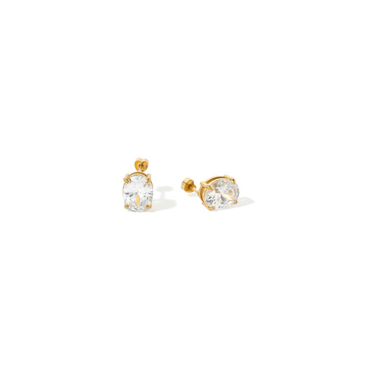 Oval Zircon Stud Earrings dimensions — 18K gold plated stainless steel oval-cut zircon stud, 0.81cm wide, 0.99cm tall, waterproof hypoallergenic, Fanie Marie Jewelry