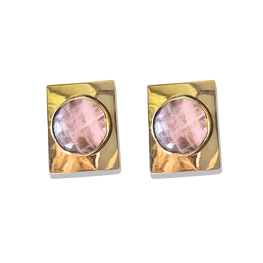 square rose quartz earrings with gold setting and soft pink tone 