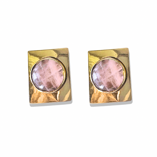 square rose quartz earrings with gold setting and soft pink tone 