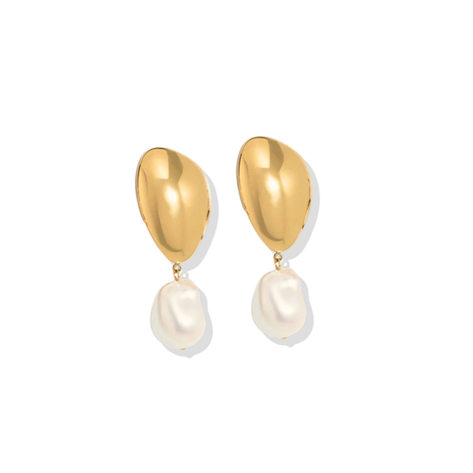 Sienna Baroque Pearl Drop Earrings dimensions — 18K gold plated stainless steel, 5cm total length, 1.27cm baroque pearl, waterproof hypoallergenic, Fanie Marie Jewelry