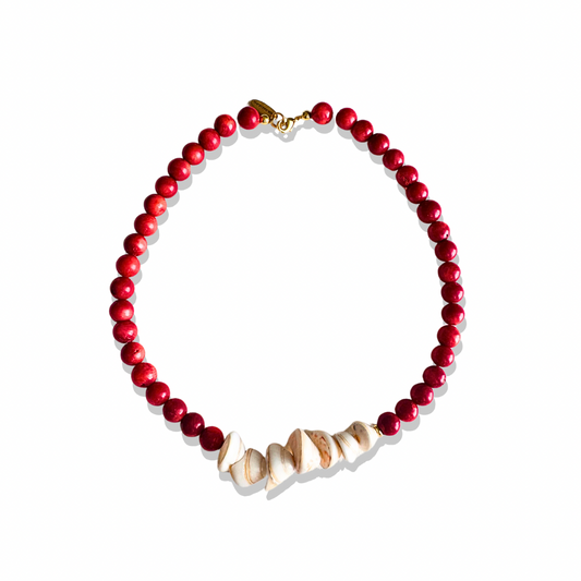 Coral and Shell layered necklace with gold accents, coastal beach style