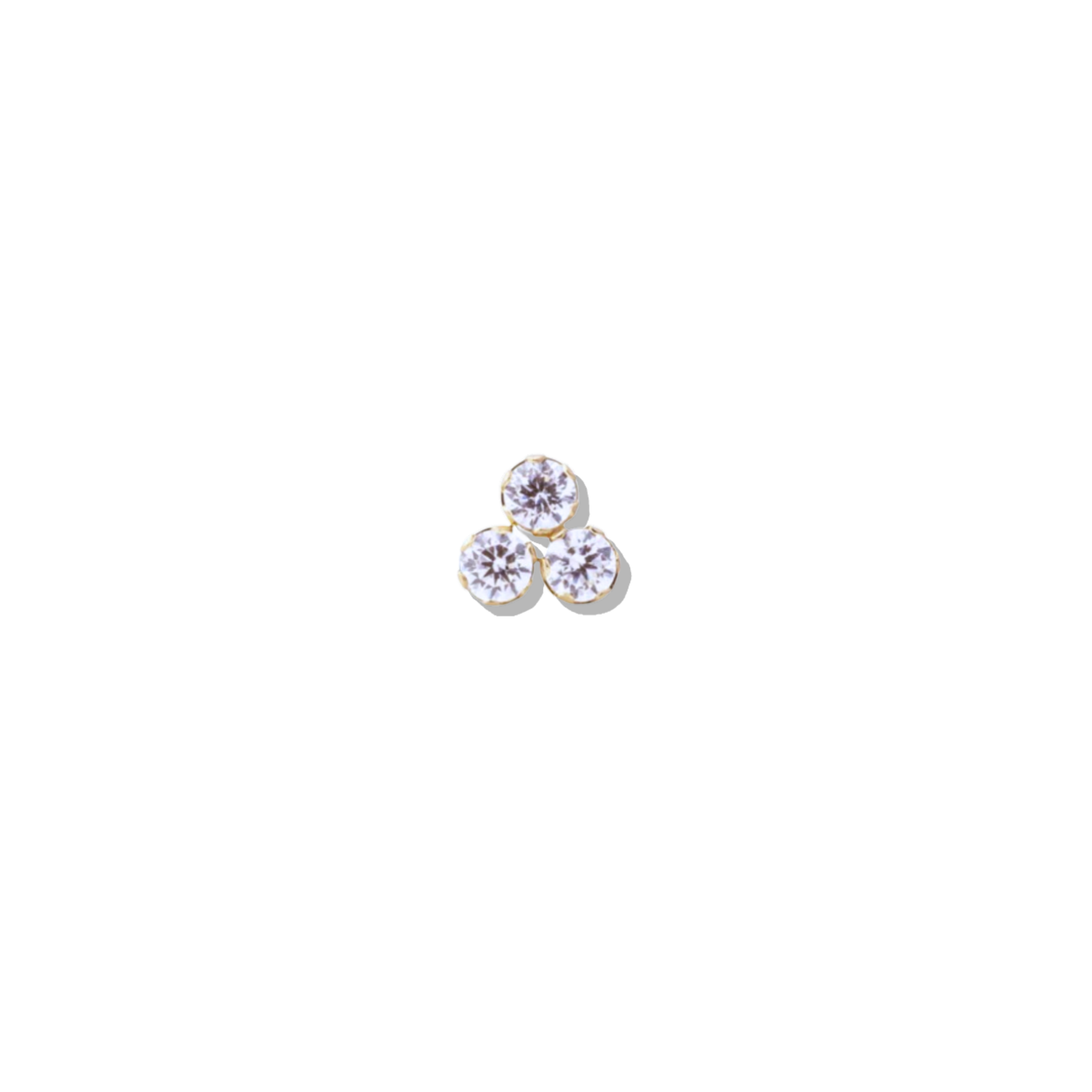 Solid 10K gold trinity stud earrings with three clear CZ stones, screw-back