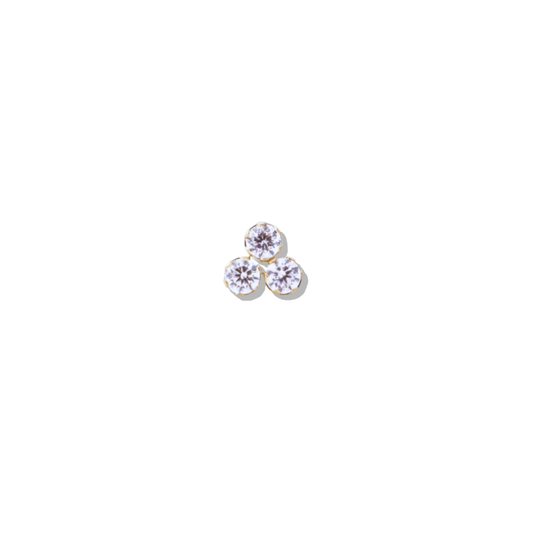 Solid 10K gold trinity stud earrings with three clear CZ stones, screw-back