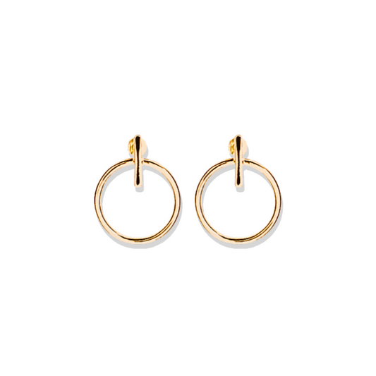 Woman wearing gold circle drop earrings

Minimalist gold stud earrings with drop

Lightweight circle dangle earrings for everyday