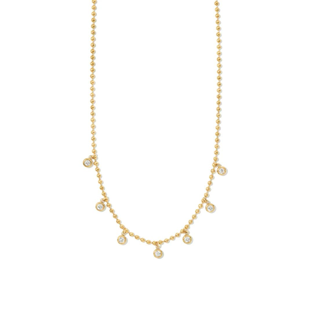 Fanie Marie Gold Beaded Crystal Drop Necklace on white background — 18K gold plated ball chain with 7 round brilliant zircon bezel drops, full necklace view
