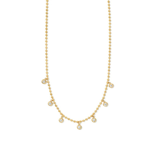 Fanie Marie Gold Beaded Crystal Drop Necklace on white background — 18K gold plated ball chain with 7 round brilliant zircon bezel drops, full necklace view
